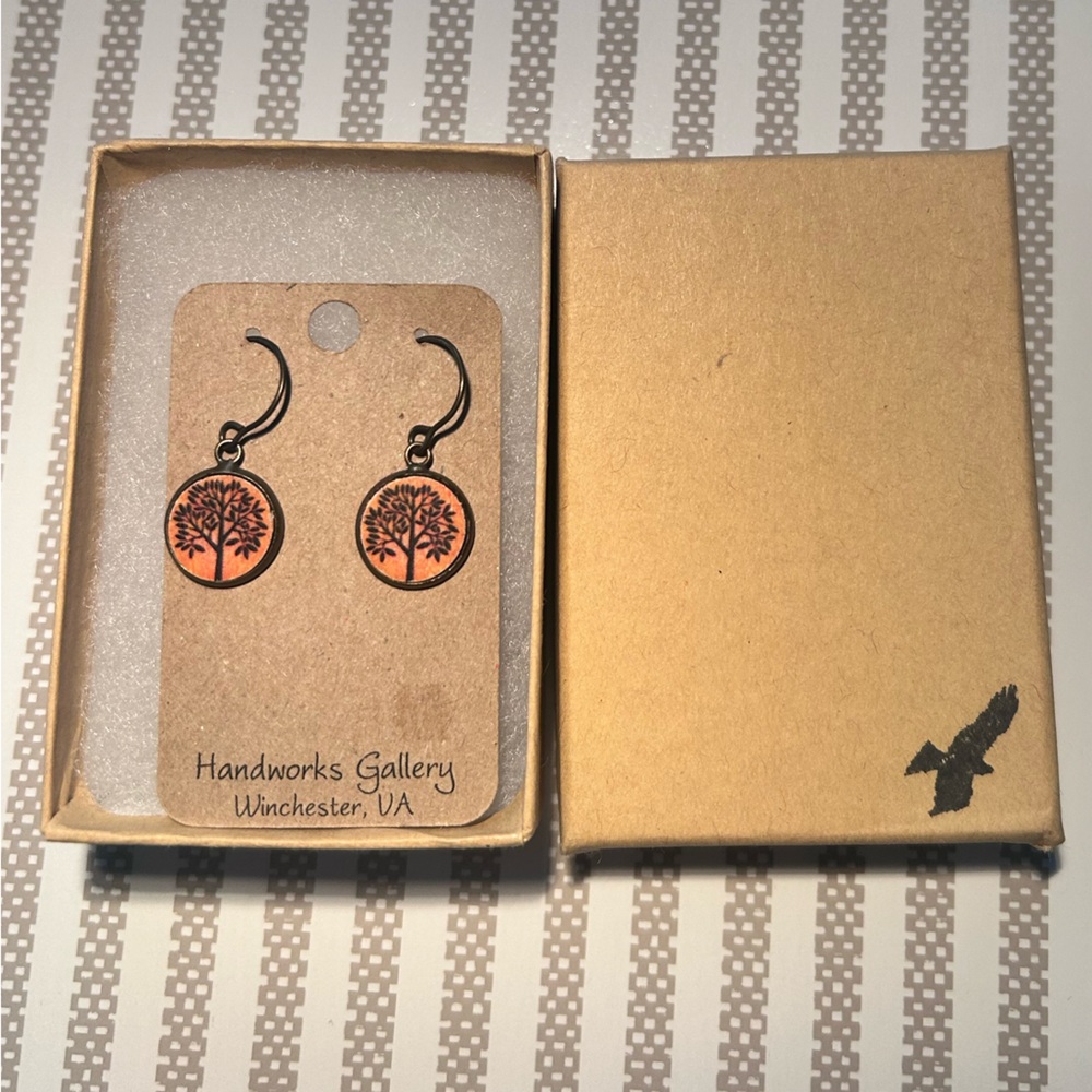 Handmade Tree Earrings with Orange Accents